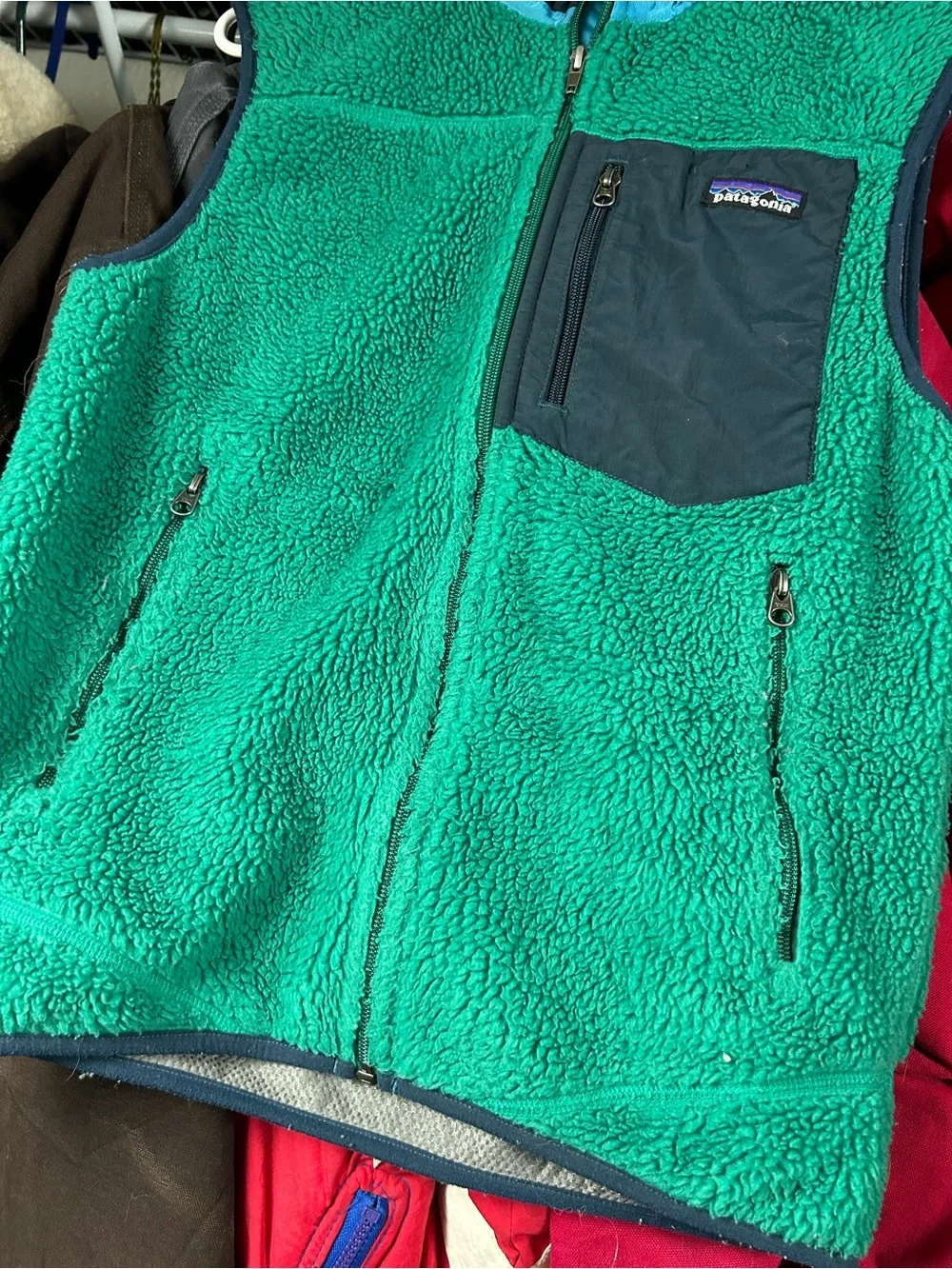 Patagonia Green Sherpa Fleece Vest with Dark Chest Pocket